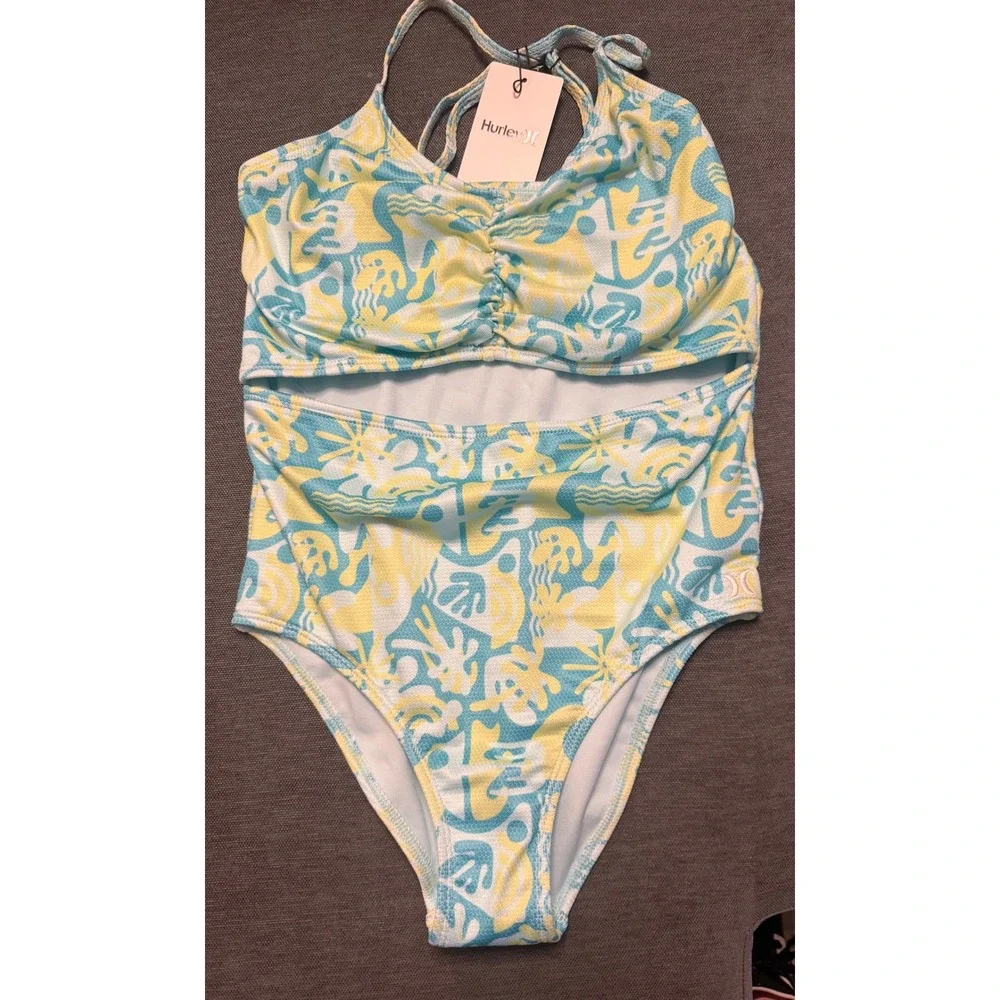 Hurley Girls Turquoise Waves One Piece Swimsuit Cutout Blue Yellow Size‎ 14 NEW